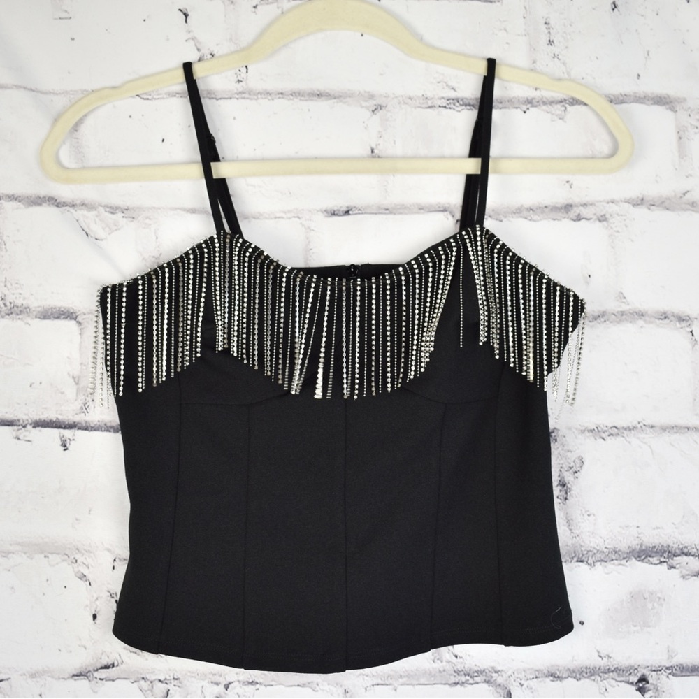 Black Beaded Rhinestone Fringe Women's Cropped Corset Tank Top